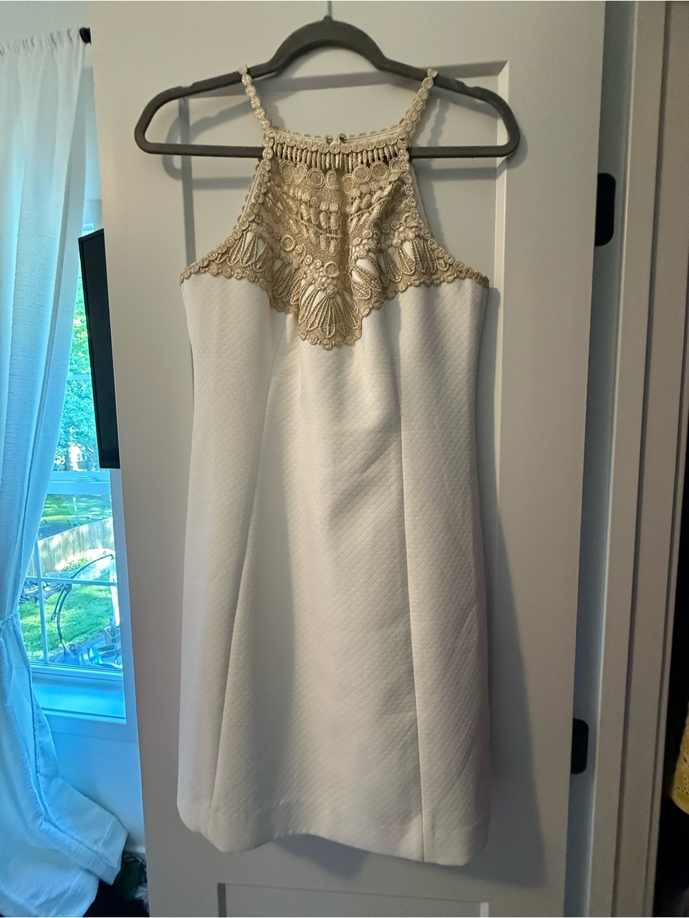 Lilly Pulitzer White Dress with Gold Crochet Yoke